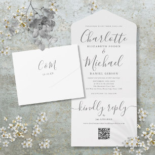 Grey And White QR Code Script Minimalist Wedding All In One Invitation