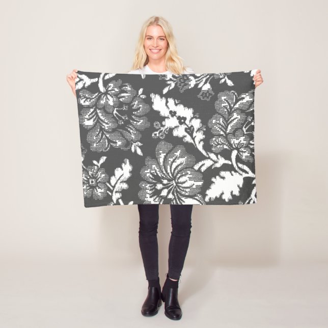 Grey And White Rustic Farmhouse Floral Pattern Fleece Blanket (In Situ)