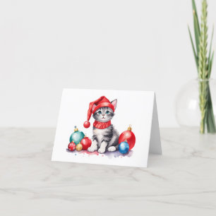 Grey and White Santa Kitten with Balls BLANK  Holiday Card