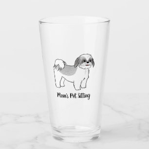 Grey and White Shih Tzu Cartoon Dog Personalised Glass