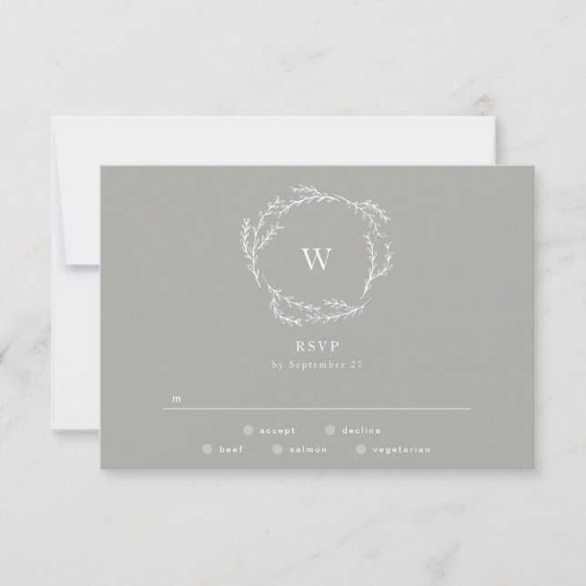 Grey and White Simple Wreath Wedding RSVP (Front)