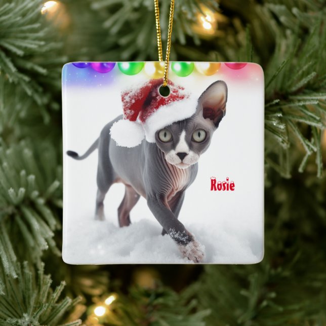 Grey and White Sphynx Cat Christmas Ceramic Ornament (Tree)
