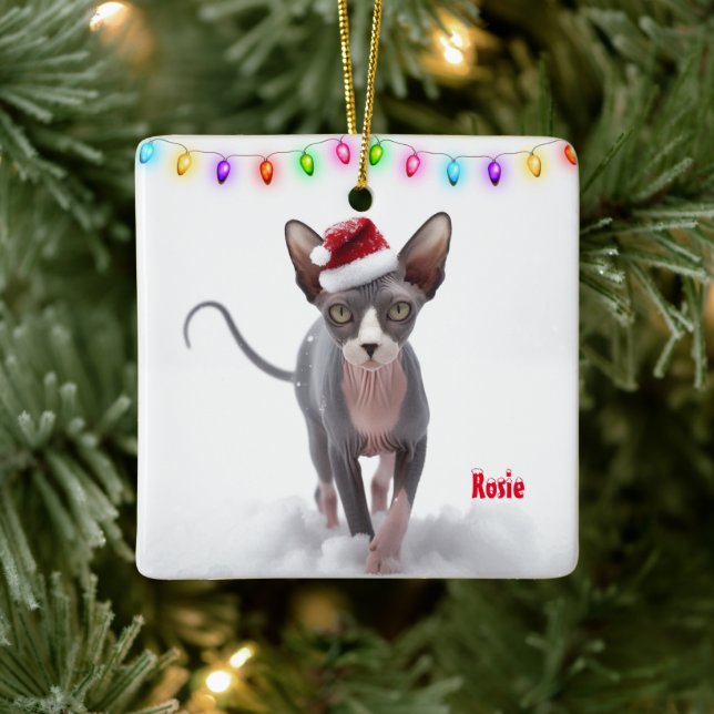 Grey and White Sphynx Cat Christmas Ceramic Ornament (Tree)