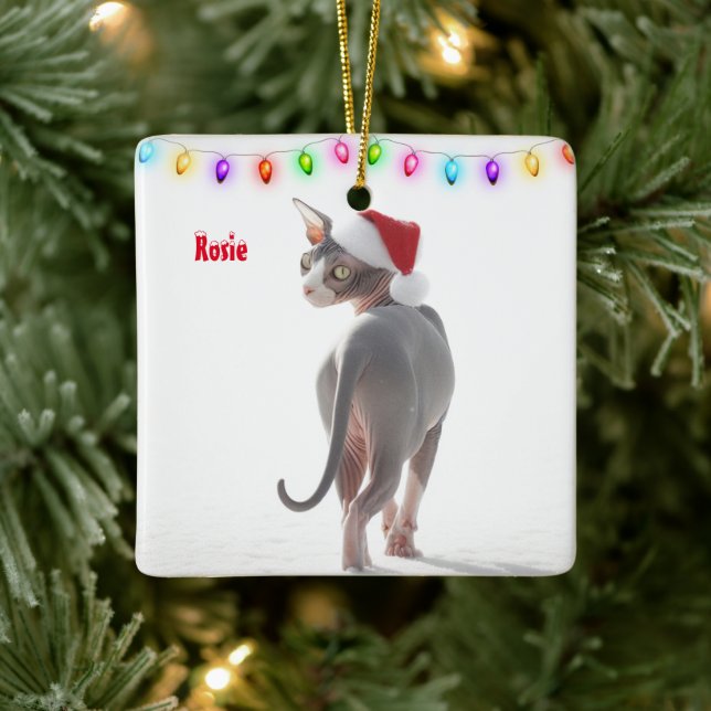 Grey and White Sphynx Cat Christmas Ceramic Ornament (Tree)