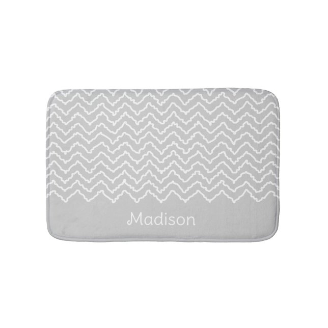 Grey And White Squiggly Chevron Zigzag With Name Bath Mat (Front)