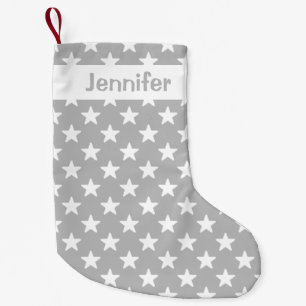 Grey And White Star Pattern With Custom Name Small Christmas Stocking