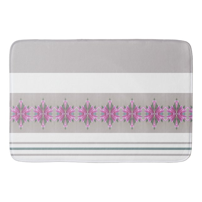 Grey and White Stripe With Pink Patterned Accent Bath Mat (Front)