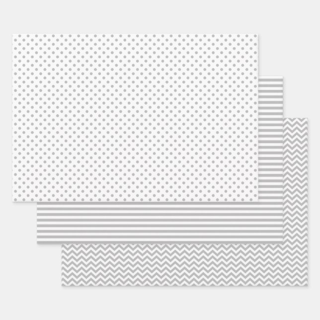 Grey and White Stripes Chevron Polka Dots Wrapping Paper Sheet (Set)
