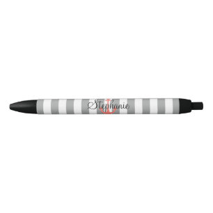 Grey and White Stripes with Coral Nautical Anchor Black Ink Pen