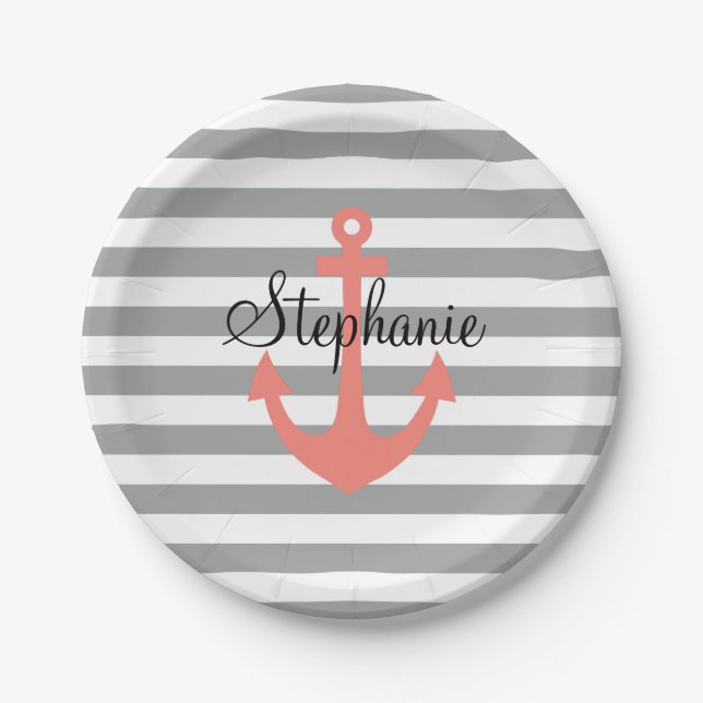 Grey and White Stripes with Coral  Nautical Anchor Paper Plate (Front)