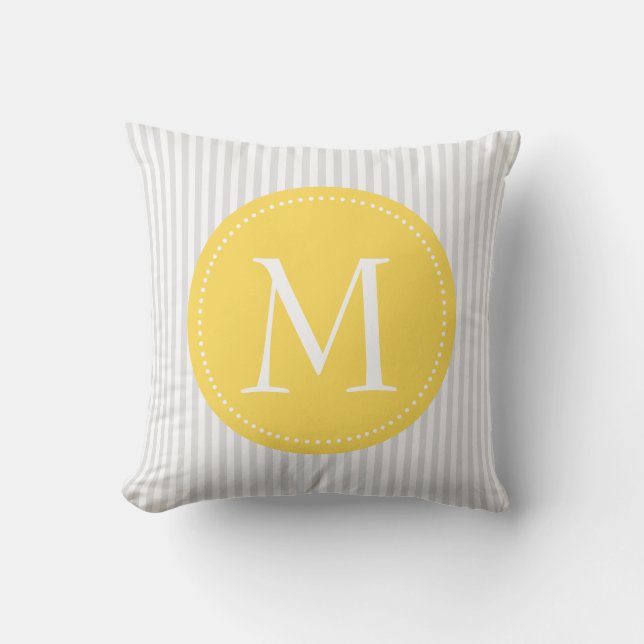 Grey And White Stripes Yellow  Custom Monogram Cushion (Front)