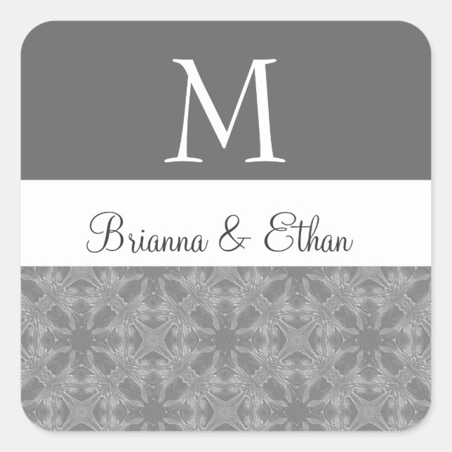 Grey and White Subtle Floral Wedding Monogram M Square Sticker (Front)