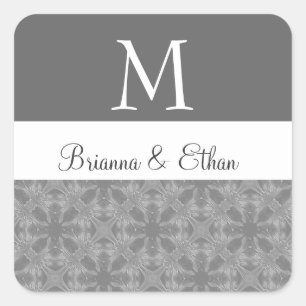 Grey and White Subtle Floral Wedding Monogram M Square Sticker