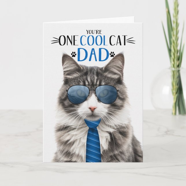 Grey and White Tabby Cat Father's Day One Cool Cat Holiday Card (Front)