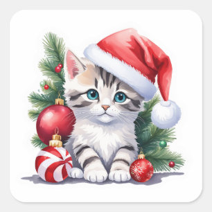 Grey and White Tabby Santa Kitten  Square Sticker