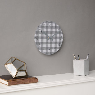 Grey and White Textured Buffalo Plaid Round Clock
