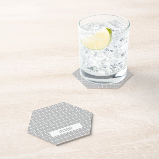 Grey and white tile blocks custom paper coaster (Insitu)