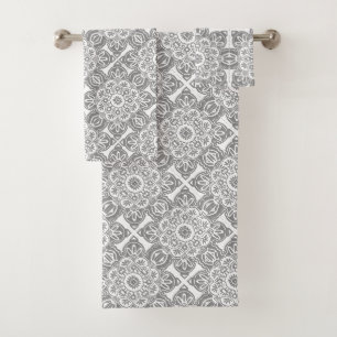  Grey and white Tribal Bath Towel Set