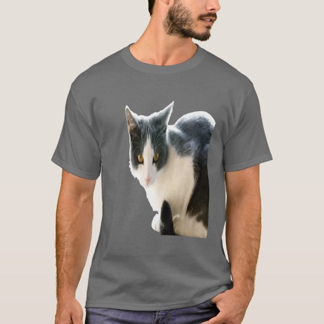 Grey And White Tuxedo Cat Vector Art T-Shirt (Front)