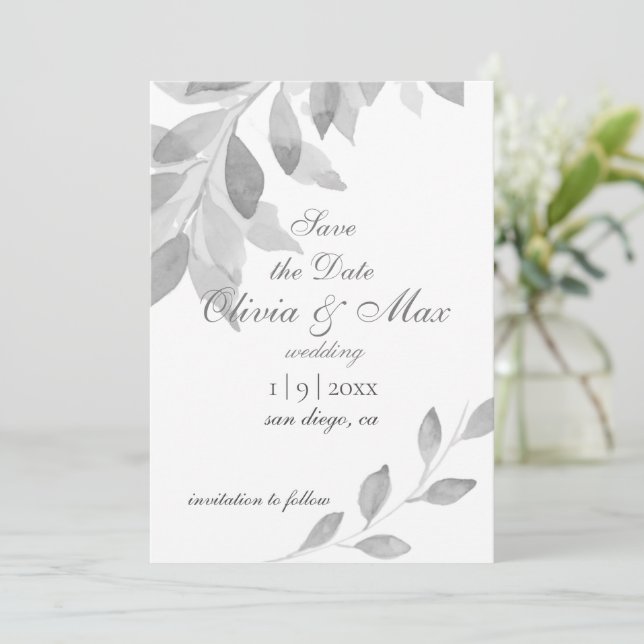 Grey and White Watercolor Save The Date (Standing Front)