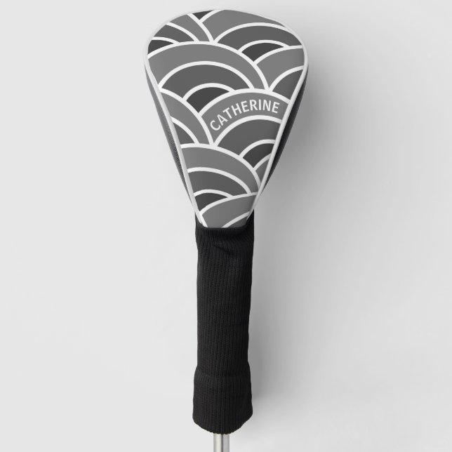Grey and White Wave Pattern Personalised Golf Head Cover (Front)