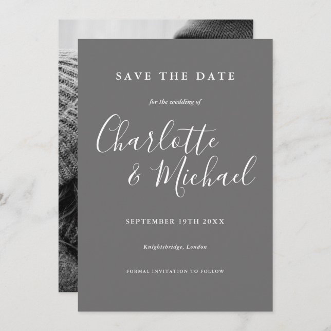 Grey And White Wedding Save the Date Photo  Invitation (Front/Back)