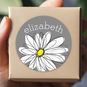Grey and White Whimsical Daisy with Custom Text Classic Round Sticker