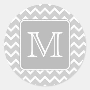Grey and White Zigzags with Custom Monogram. Classic Round Sticker