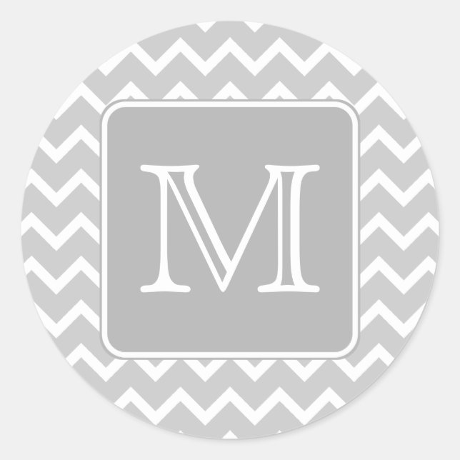 Grey and White Zigzags with Custom Monogram. Classic Round Sticker (Front)