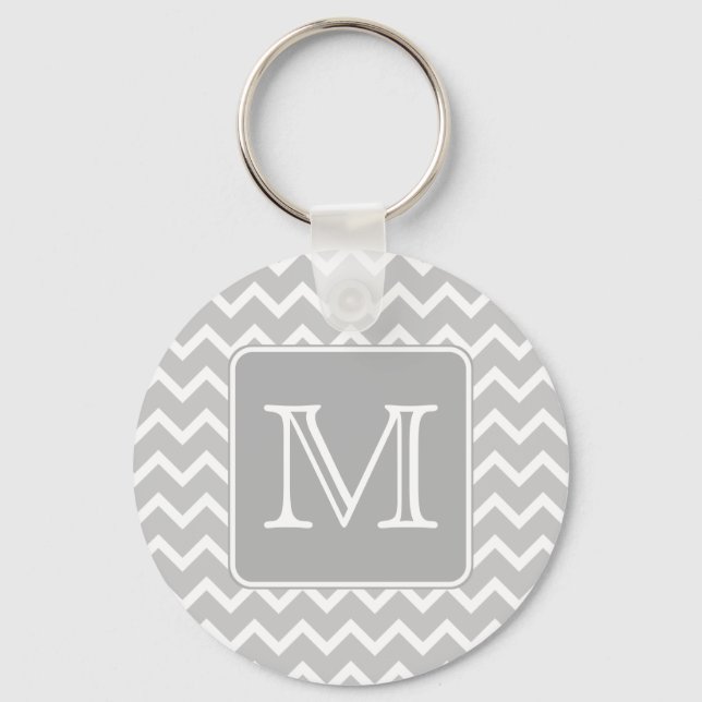 Grey and White Zigzags with Custom Monogram. Key Ring (Front)
