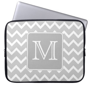 Grey and White Zigzags with Custom Monogram. Laptop Sleeve