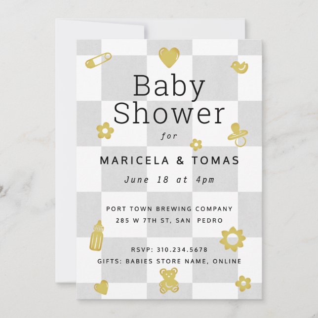 Grey and Yellow Chequered Baby Shower Invitation (Front)