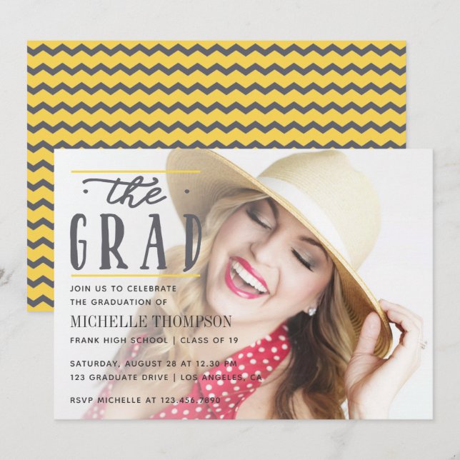 Grey and Yellow Chevron Graduate Party invitation (Front/Back)