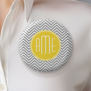 Grey and Yellow Chevrons Custom Monogram 6 Cm Round Badge