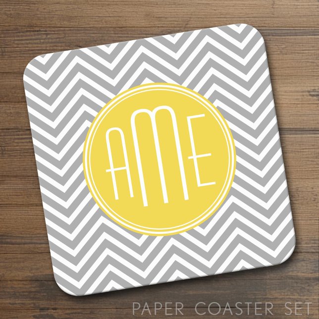 Grey and Yellow Chevrons Custom Monogram Square Paper Coaster (Custom Coaster Set)