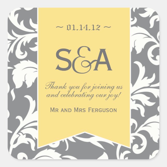 Grey and Yellow Damask Favour Stickers (Front)
