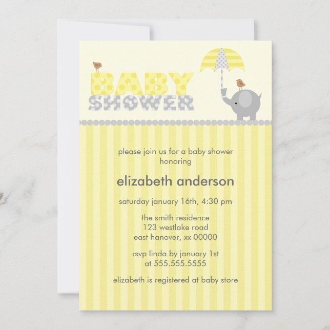 Grey and Yellow Elephant Baby Shower Invitation (Front)