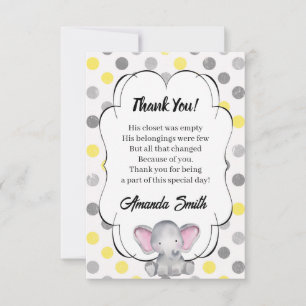 Grey and Yellow Elephant Polka Dot Baby Shower Thank You Card