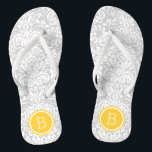 Grey and Yellow Floral Damask Monogram Thongs<br><div class="desc">Custom printed flip flop sandals with a stylish elegant floral damask pattern and your custom monogram or other text in a circle frame. Click Customise It to change text fonts and colours or add your own images to create a unique one of a kind design!</div>