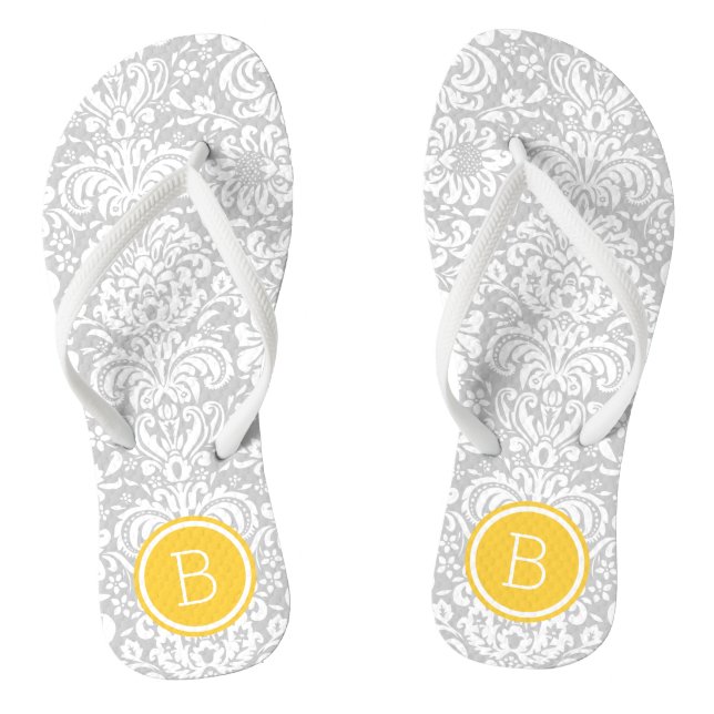 Grey and Yellow Floral Damask Monogram Thongs (Footbed)