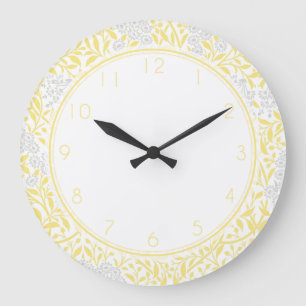 Grey and Yellow Floral Damask Pattern Large Clock