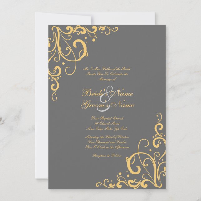 Grey and Yellow Flourish Wedding Invitation (Front)