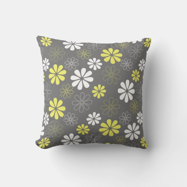 Grey and Yellow Flower Pattern Cushion (Front)