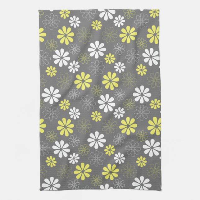 Grey and Yellow Flower Pattern Tea Towel (Vertical)