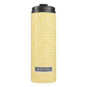Grey and Yellow Greek Key Monogram Thermal Tumbler