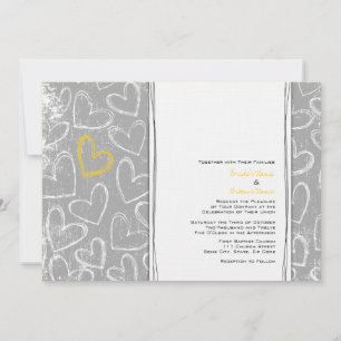 Grey and Yellow Grunge Hearts Wedding Invitations