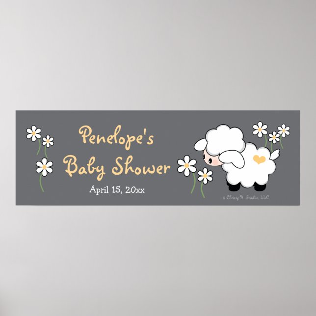 Grey and Yellow Heart Lamb Baby Shower Poster (Front)