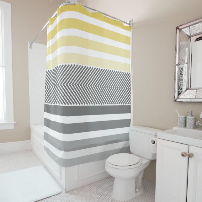 Grey and Yellow Herringbone Shower Curtain (In Situ)
