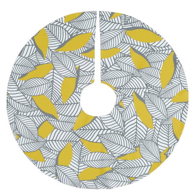Grey and yellow leaf pattern. brushed polyester tree skirt (Front)