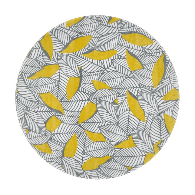 Grey and yellow leaf pattern. cutting board (Front)